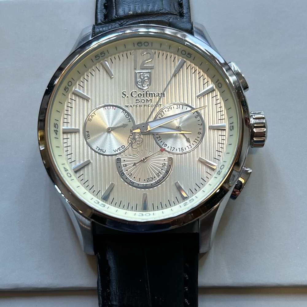 S. Coifman Watch With 44mm SilverGold Tone Chronograph Face & Black Leather Band